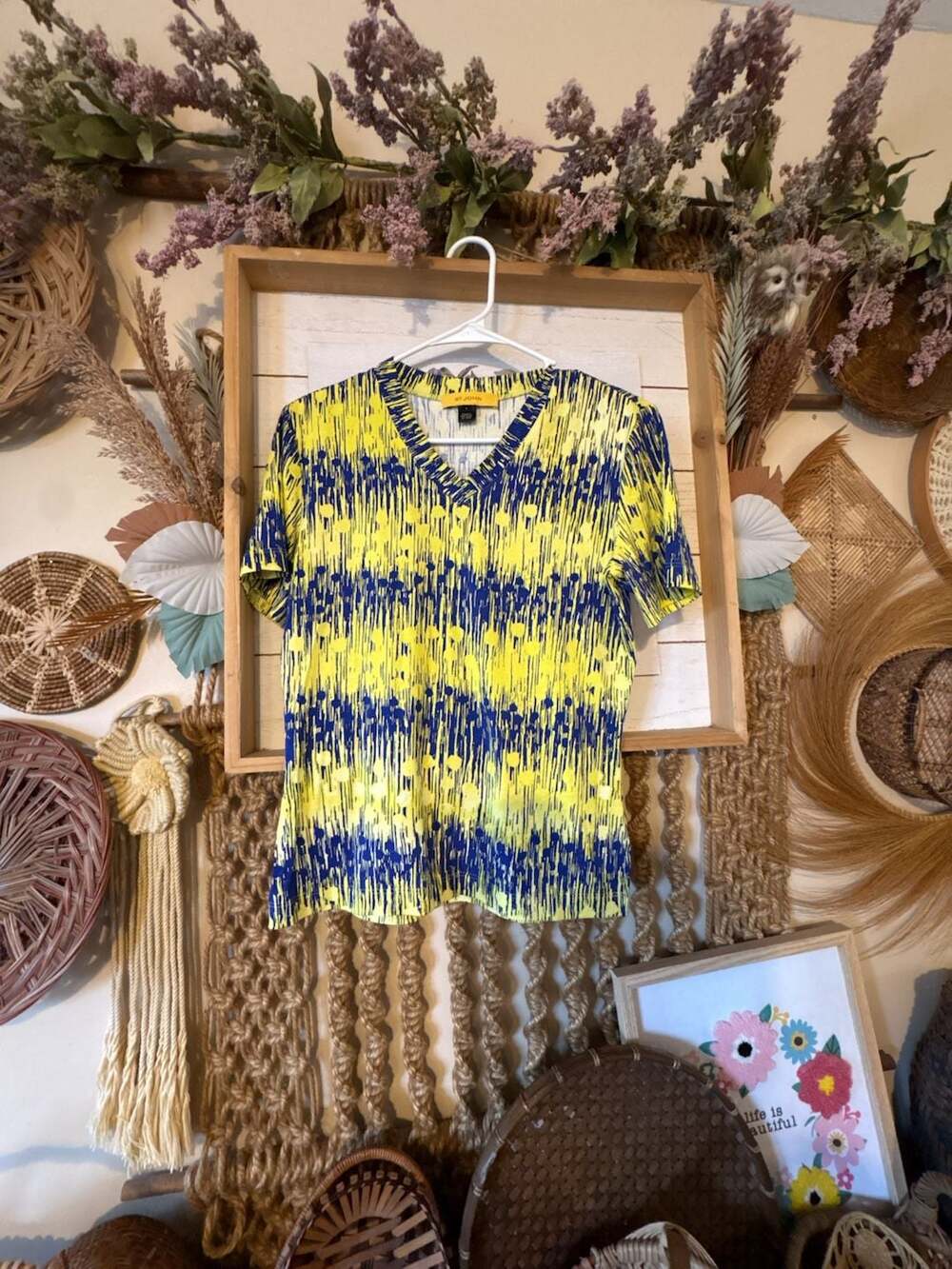 St. John V-Neck Top Size S Yellow Blue Abstract tee